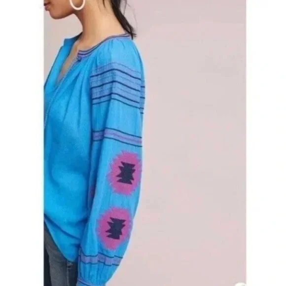 Anthro Maeve Blue & Pink Runaway Boho Southwestern Embroidered Peasant Top XS - Picture 2 of 16